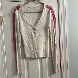Stylish Cream V-Neck Women's Top with Red and Blue Stripes
